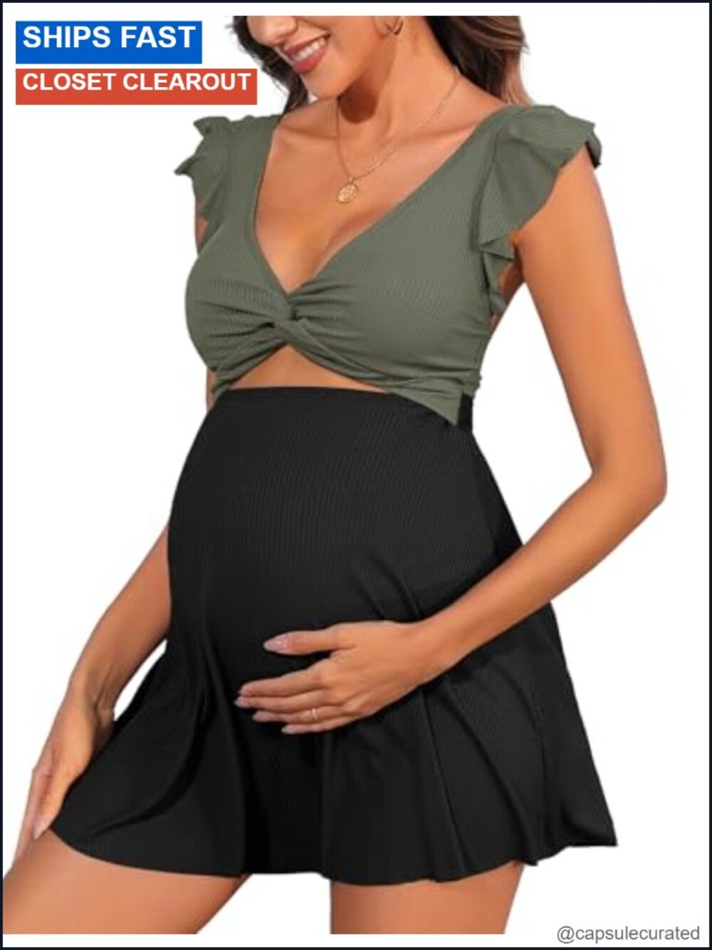 Ruffle Ribbed Maternity One Piece Swimsuit Pregnancy Swim Dress